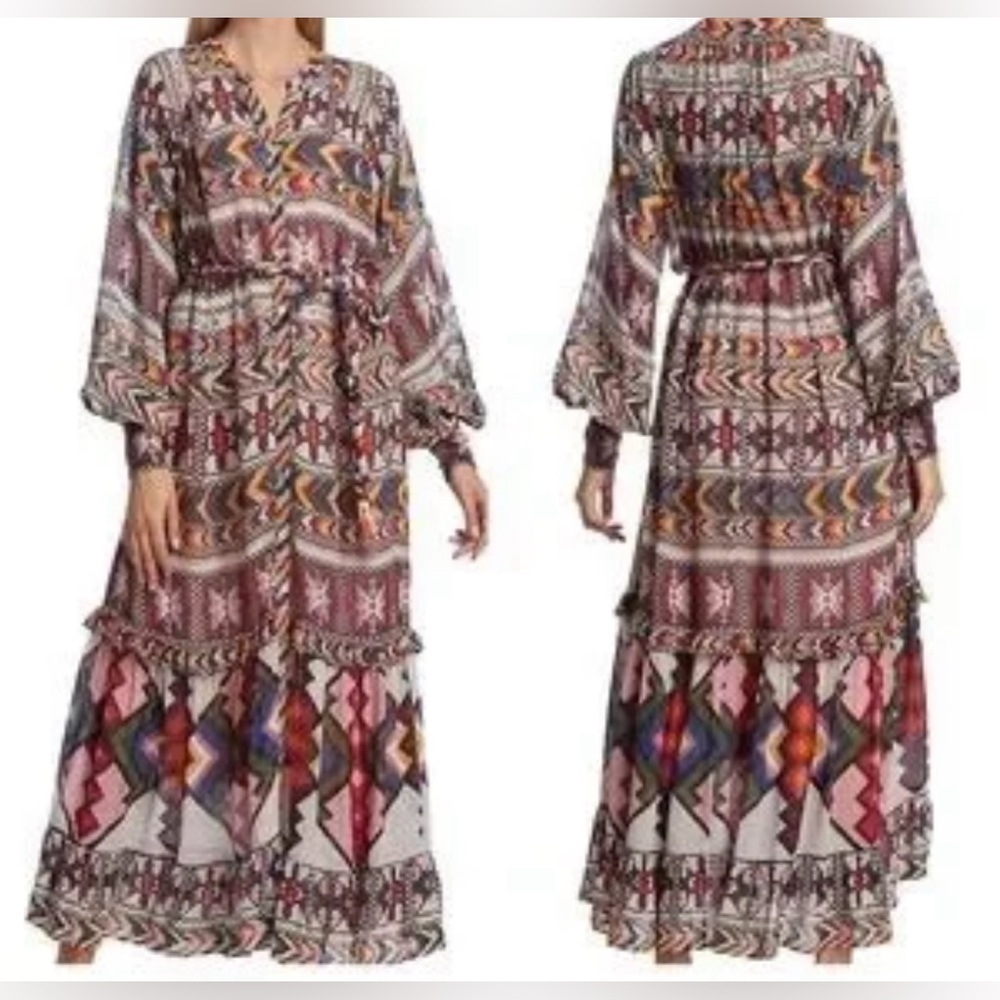 NWT Farm Rio Amulet Maxi Boho Sleeved Belted Aztec Sheer Dress Sz Large - Picture 6 of 17